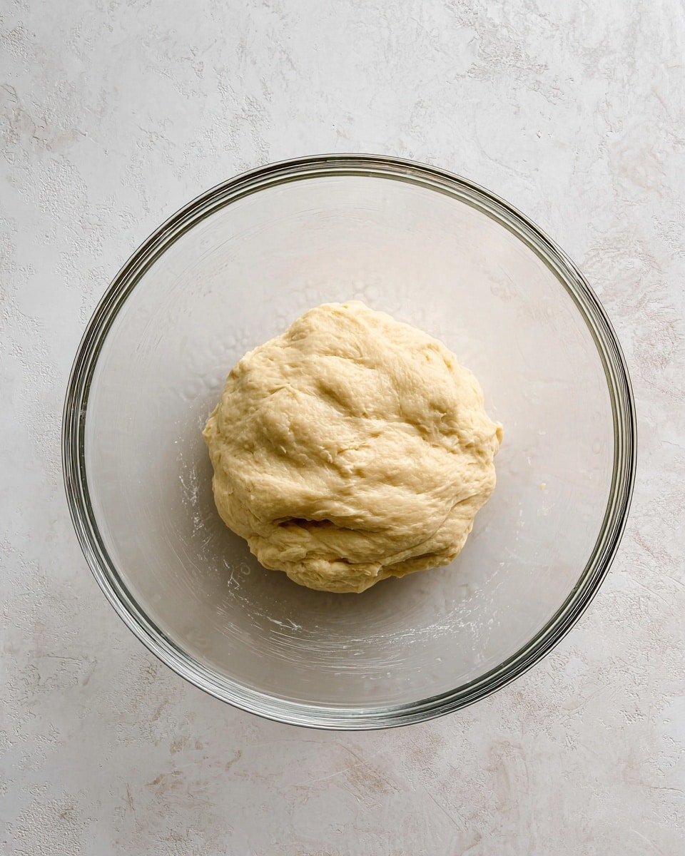 A single ball of pale beige dough with a soft, slightly bumpy texture sits in the center of a clear glass bowl. The bowl is smooth and round, placed on a white marbled surface that gives a clean, bright background. The dough looks elastic and slightly shiny, showing subtle folds and creases on its surface. photo taken with an iphone --ar 4:5 --v 7