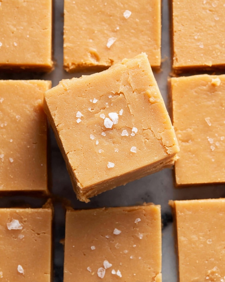 The image shows a close-up view of several square pieces of caramel-colored fudge arranged closely in a grid on a white marbled surface. One piece is lifted above the others, centered, showing its smooth, dense texture and light brown color. The top of each fudge square is slightly cracked with a few small white salt flakes scattered on the surface, adding contrast. The edges of the fudge pieces are clean and straight, and the overall look is soft and rich. photo taken with an iphone --ar 4:5 --v 7