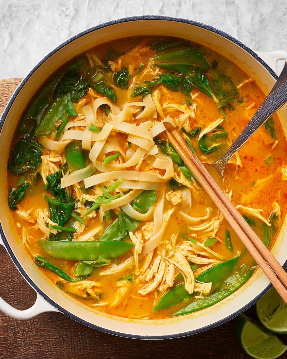 A white pot filled with a bright orange broth, showing a mix of wide flat beige noodles sitting on top and partly submerged, with shredded light chicken pieces scattered throughout. Bright green leafy vegetables and snap peas float in the broth, adding vibrant color and texture. A silver spoon rests in the pot, stirring the soup, while a pair of wooden chopsticks owned by a woman's hand lifts some noodles near the top right. Lime wedges are placed near the pot on a wooden surface, which is changed to a white marbled background. photo taken with an iphone --ar 4:5 --v 7