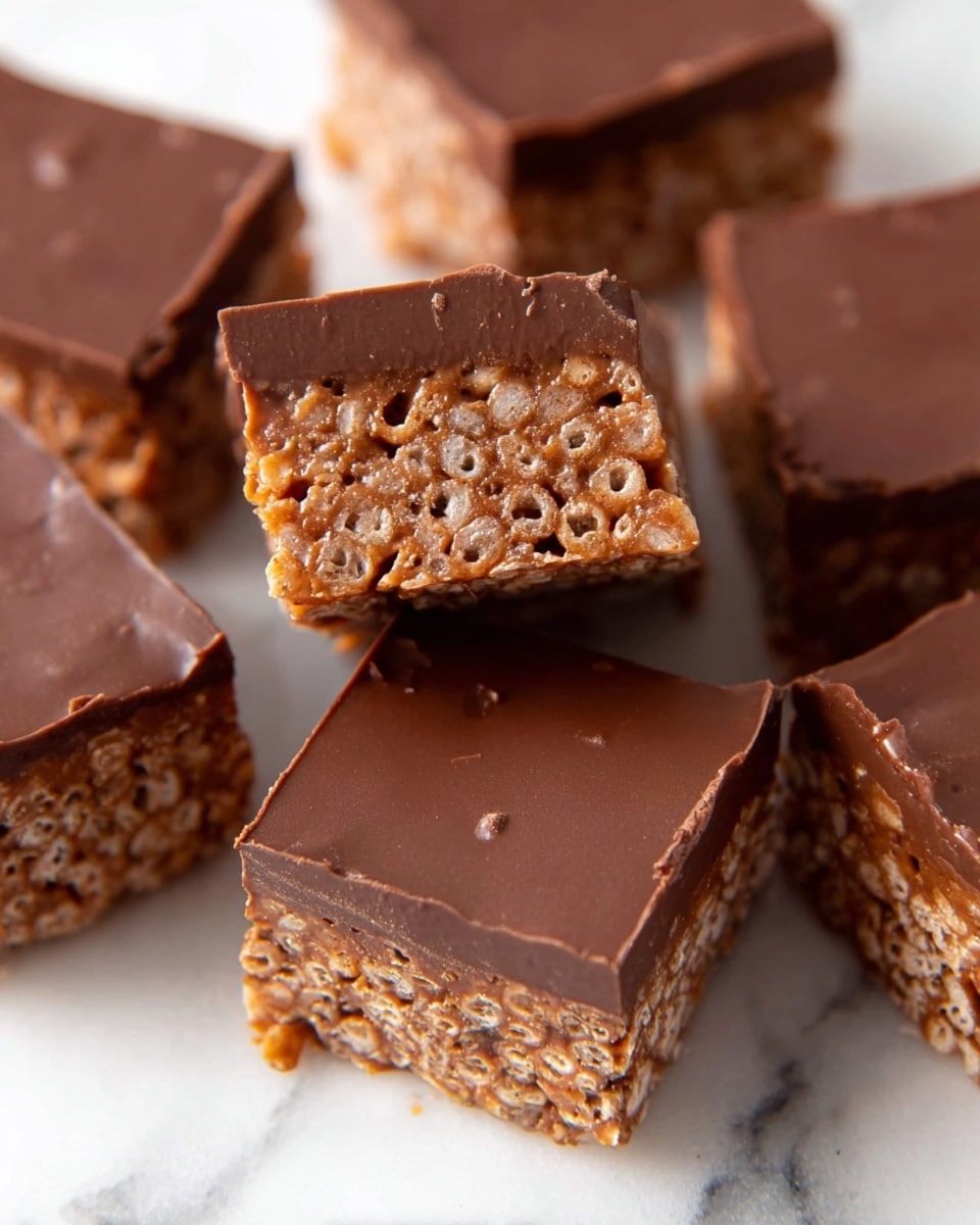 The image shows several square chocolate treats placed closely together on a white marbled surface. Each square has two layers: a thick, smooth dark chocolate layer on top and a bottom layer made of crispy, light brown cereal mixed with chocolate or caramel, creating a textured look with small holes. One square is slightly tilted, showing the side view clearly with its two distinct layers. The chocolate top layer appears shiny and solid, while the bottom layer looks crunchy and airy. photo taken with an iphone --ar 4:5 --v 7