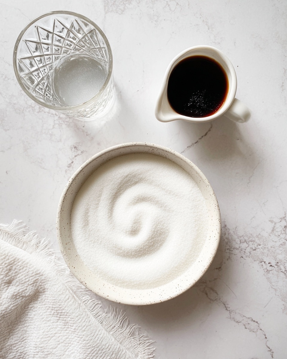 A white speckled bowl filled with a smooth layer of fine white sugar, swirled softly in the center to create a light spiral texture. Above the bowl, a small white ceramic cup holds a dark, thick liquid, creating a deep contrast. To the left, a clear glass with an intricate diamond pattern is half-full with water, showing reflections through the glass. The items rest on a white marbled surface with natural gray veins, and a white textured cloth sits loosely folded in the bottom left corner. photo taken with an iphone --ar 4:5 --v 7
