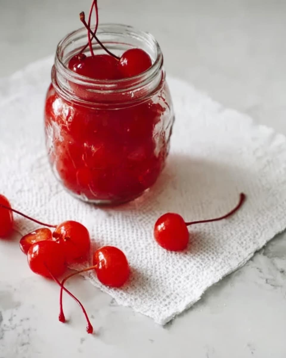 A clear glass jar filled with bright red maraschino cherries, with three loose cherry stems laid beside the jar and several whole and halved cherries spilled out on a white textured napkin under the jar, all placed on a white marbled surface. photo taken with an iphone --ar 4:5 --v 7