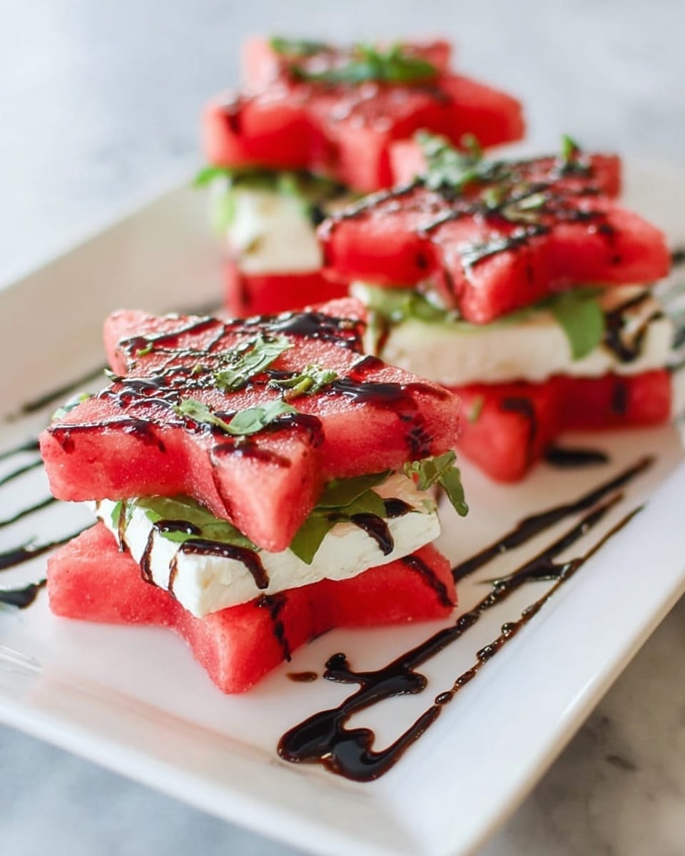The dish shows several small star-shaped sandwiches stacked in three layers on a white rectangular plate over a white marbled surface. Each sandwich has a bottom layer of bright red watermelon cut into a star shape, followed by a middle layer of soft white cheese with some green leafy herbs peeking through, and a top layer of another bright red star-shaped watermelon slice. All the sandwiches are drizzled with dark brown balsamic glaze, adding a shiny texture on top. The close-up view highlights the fresh, juicy colors and the neat arrangement of each sandwich photo taken with an iphone --ar 4:5 --v 7