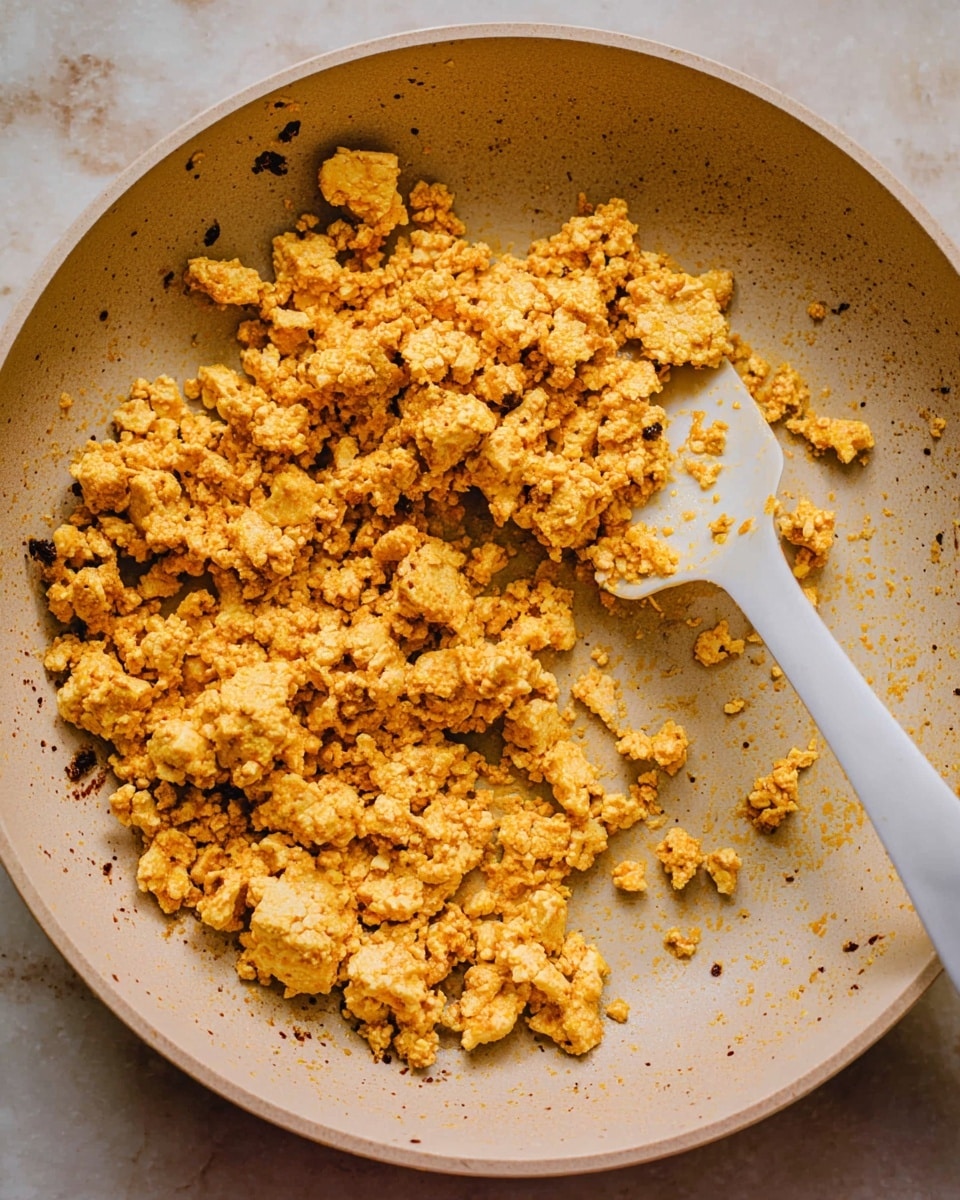 The image shows scrambled tofu cooking in a light beige pan that has small dark specks inside it. The scrambled tofu is in a warm orange-yellow color with an uneven, crumbly texture and some small browned edges. A white spatula with an orange-yellow tofu piece on it is placed on the right side of the pan. The whole scene is on a white marbled surface with some bits of tofu scattered around near the pan edges. photo taken with an iphone --ar 4:5 --v 7