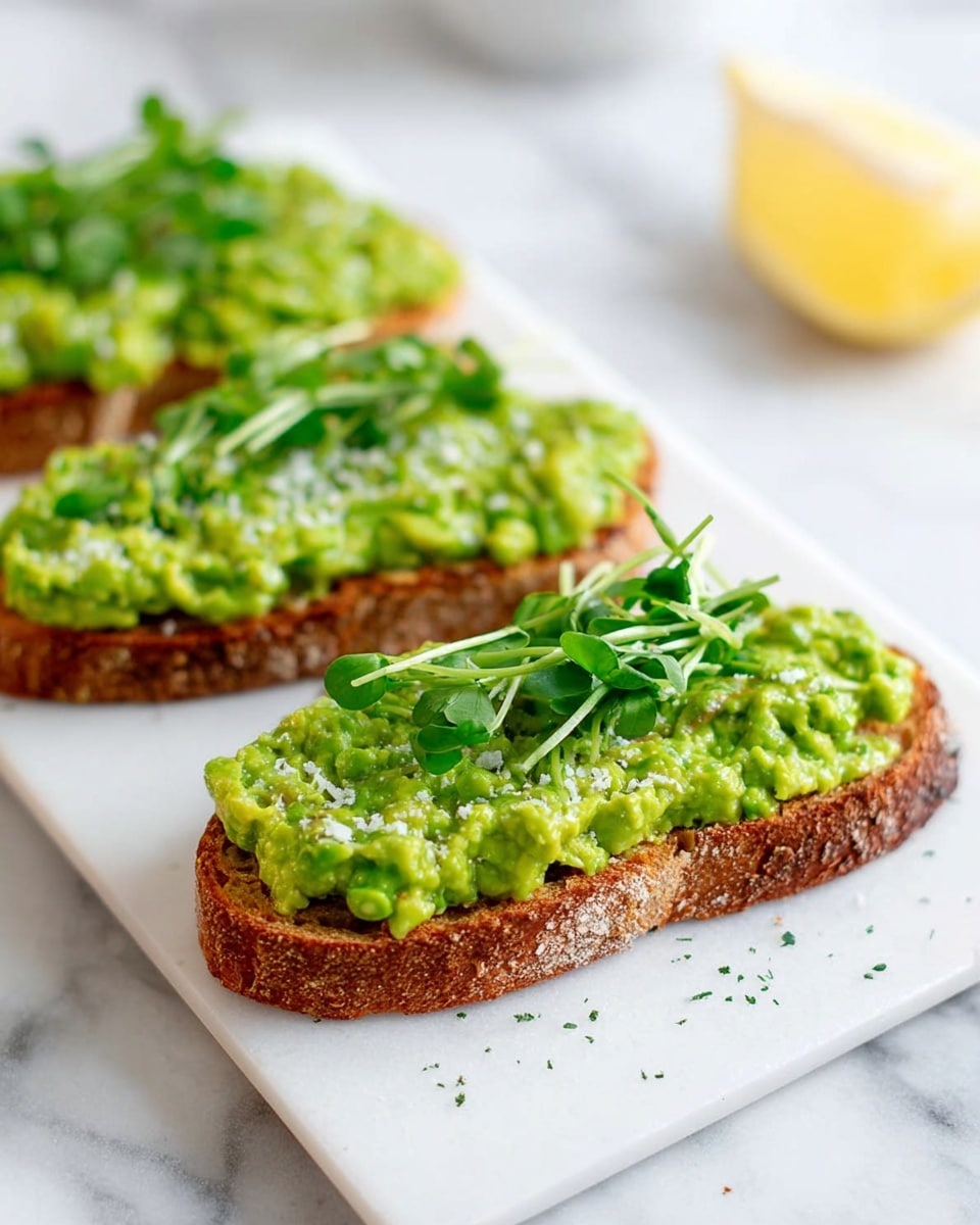 Three slices of toasted bread are placed on a white rectangular plate over a white marbled surface. Each slice is topped with a thick layer of bright green mashed avocado, sprinkled with small white bits that look like cheese or salt. On top of the avocado, there are a few fresh green pea shoots placed lengthwise. In the background, a blurry yellow lemon wedge is visible. The overall look is fresh, clean, and healthy. photo taken with an iphone --ar 4:5 --v 7