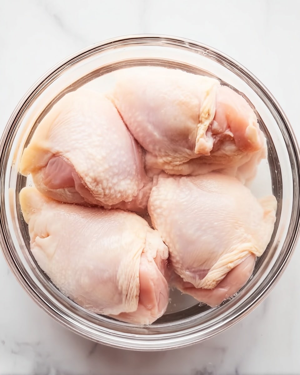 The image shows four pale pink raw chicken pieces submerged in clear water inside a transparent glass bowl with a white marbled surface underneath. The chicken pieces have a smooth texture with some visible white fat and slight lines on the surface. The bowl is round and filled almost to the top with water, making the chicken look shiny and slightly distorted through the water. There are no other objects in the scene. Photo taken with an iphone --ar 4:5 --v 7