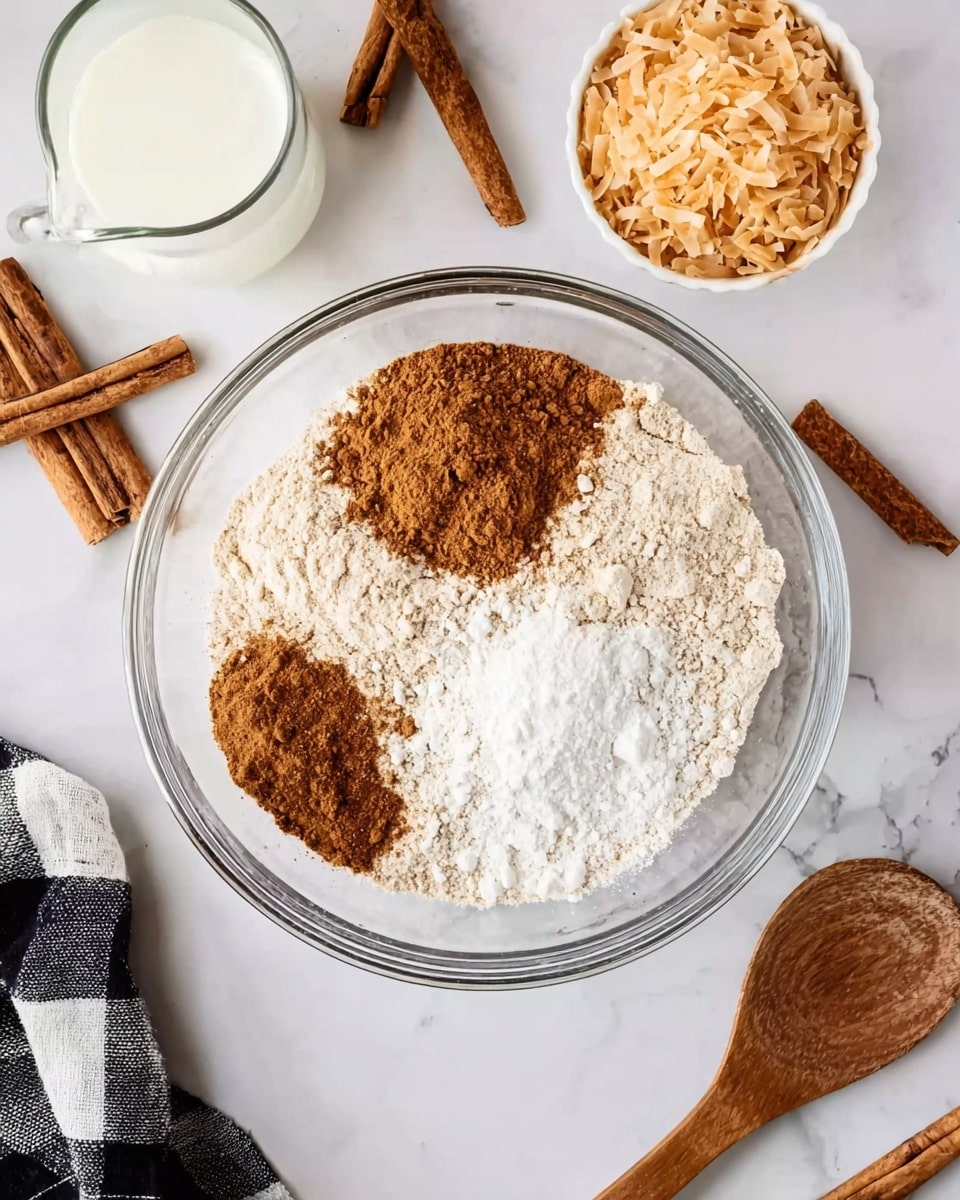 A clear glass bowl sits on a white marbled surface filled with dry ingredients carefully separated into three sections: light brown cinnamon powder, white flour, and medium brown sugar. To the top right of the bowl, a small white bowl contains shredded pale golden coconut. Above the glass bowl is a small glass of white milk. Several cinnamon sticks are scattered around the scene along with a wooden spoon to the right and a folded black and white checkered cloth to the left. The lighting is soft, highlighting the textures and colors clearly. Photo taken with an iphone --ar 4:5 --v 7