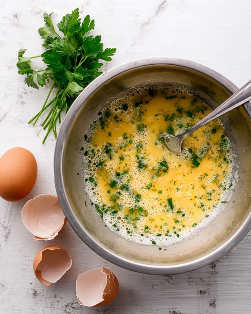 A silver mixing bowl on a white marbled surface holds a mixture of beaten yellow eggs with small green herb pieces scattered throughout, creating a speckled pattern. Inside the bowl, a metal spoon rests, partly submerged in the egg mixture. To the left of the bowl, there are three empty broken eggshells with brown edges, and a small bunch of fresh green parsley or similar leafy herb sits nearby. The overall scene is simple and clean, with natural light highlighting the textures and colors. photo taken with an iphone --ar 4:5 --v 7