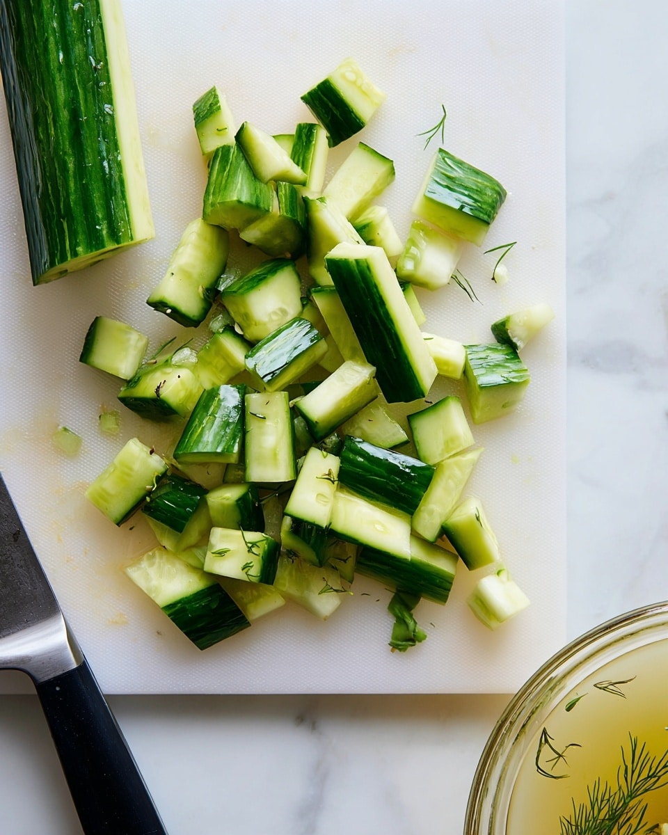 The image shows small pieces of chopped cucumber scattered across a white cutting board on a white marbled surface. The cucumber pieces are green on the skin side and pale green inside, with a few tiny dill leaves mixed in. A cucumber partially sliced into long sections lies on the board, alongside the black handle of a knife visible on the left side. On the right edge, part of a glass bowl with cucumber slices submerged in a light yellowish liquid is seen. Photo taken with an iphone --ar 4:5 --v 7