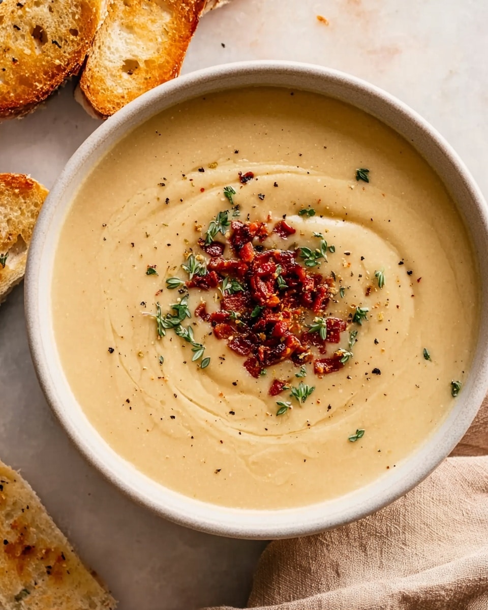 A close-up view of a beige creamy soup served in a white bowl. The soup surface is very smooth with light swirls and has a topping of finely chopped red pieces, slightly chunky with herbs sprinkled around, adding a contrast of green and black specks. The bowl sits on a white marbled surface with toasted slices of bread placed near the top right corner and a beige cloth softly placed near the bottom right side. The overall look is warm and inviting with natural lighting highlighting the smooth texture of the soup. photo taken with an iphone --ar 4:5 --v 7