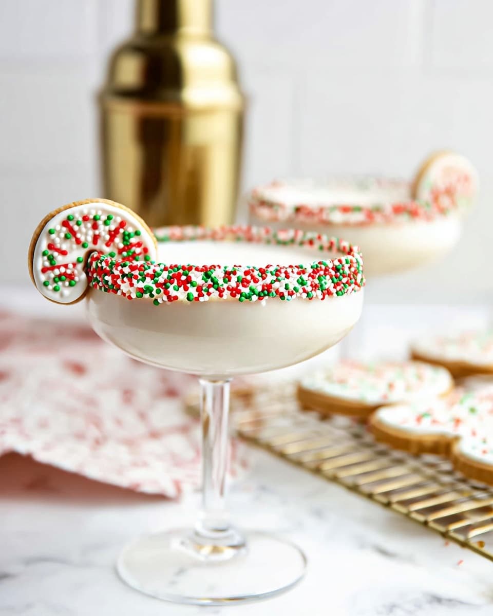 The image shows two clear coupe glasses filled with a smooth, creamy white drink. Each glass's rim is decorated with red, green, and white round sprinkles, adding a festive touch. One glass has a white candy cane-shaped cookie with red and green sprinkles hanging on the rim. The background is bright with a white marbled texture surface, and a gold cocktail shaker and a cooling rack with white-frosted cookies with similar colored sprinkles are blurred in the background. photo taken with an iphone --ar 4:5 --v 7