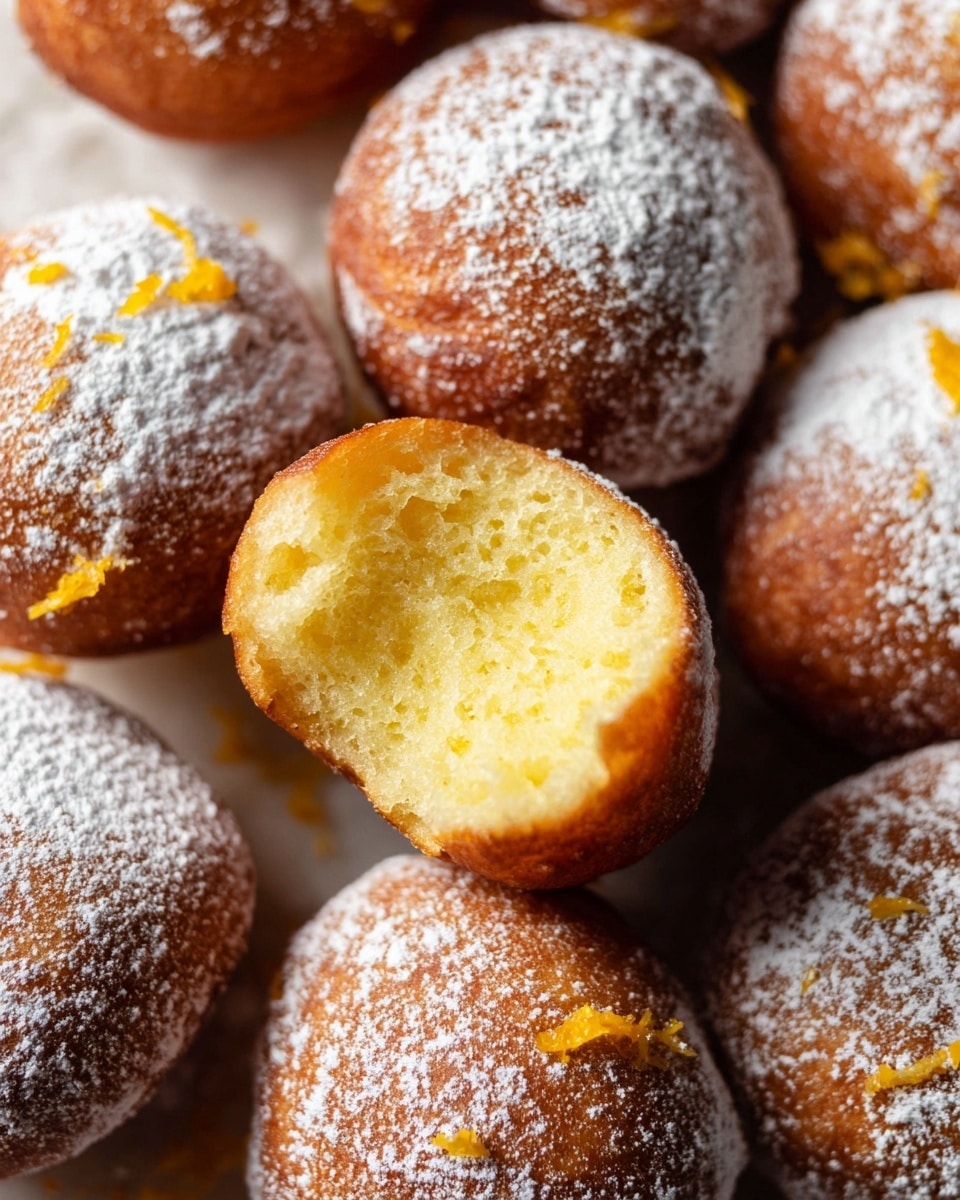 A close-up of round golden brown doughnuts dusted with white powdered sugar, arranged closely together on a white marbled surface. The front doughnut is torn open, showing a soft and light yellow inside with a spongy texture, while the other doughnuts remain whole, giving a warm and freshly baked look. Small pieces of orange peel add a bright touch peeking out from some doughnuts. photo taken with an iphone --ar 4:5 --v 7