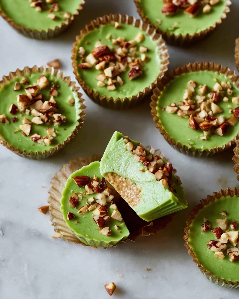 Several green cup-shaped desserts with smooth tops sit on a white marbled surface inside brown paper liners. Each dessert has small chopped nut pieces sprinkled on top, adding a crunchy texture. One of the cups is cut open, showing a creamy brown filling inside, with the green outer layer wrapping around it like a soft shell. The green layer is thick and smooth, and the nuts on top have a mix of light and dark brown colors. Photo taken with an iphone --ar 4:5 --v 7