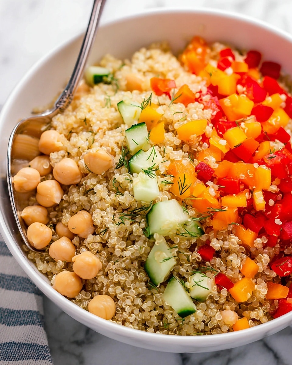 A close-up view of a white bowl full of a quinoa salad with three main layers visible: the base layer is light beige quinoa grains, the second layer has round beige chickpeas, and the top layer includes small chopped red bell peppers, diced orange and yellow bell peppers, and chunks of green cucumber. Small green dill leaves are scattered on top, and a silver spoon is placed inside the bowl on the left side. The bowl sits on a white marbled surface. photo taken with an iphone --ar 4:5 --v 7