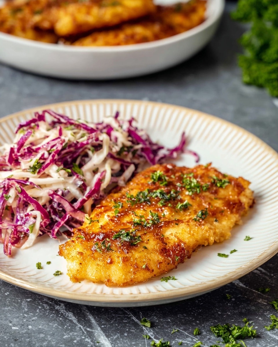 A round plate with ridged edges holds a golden-brown cooked fillet in the front right, topped with small bits of green herbs. On the left side of the plate, there is a pile of thinly sliced coleslaw with purple and white strands mixed together. The plate sits on a white marbled surface, with another white dish in the background holding more of the golden fillets, slightly blurred. Some loose green herb bits are scattered around the plate. Photo taken with an iphone --ar 4:5 --v 7