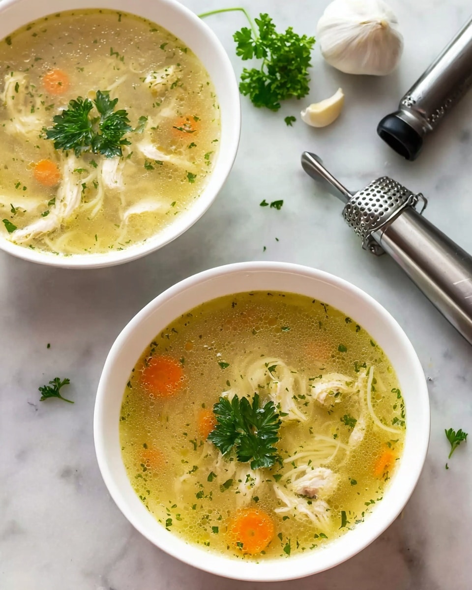 Two white bowls of clear chicken soup are placed on a white marbled surface. Each bowl has one layer of light yellow broth filled with small pieces of shredded chicken, thin white noodles, and round slices of orange carrot floating inside. There are small green specks of herbs spread throughout the soup. On top of both bowls, a bright green sprig of parsley sits as garnish. Near the bowls, a whole garlic bulb, a single garlic clove, and a silver garlic press lie on the white marbled surface, with a small parsley sprig nearby. Photo taken with an iphone --ar 4:5 --v 7