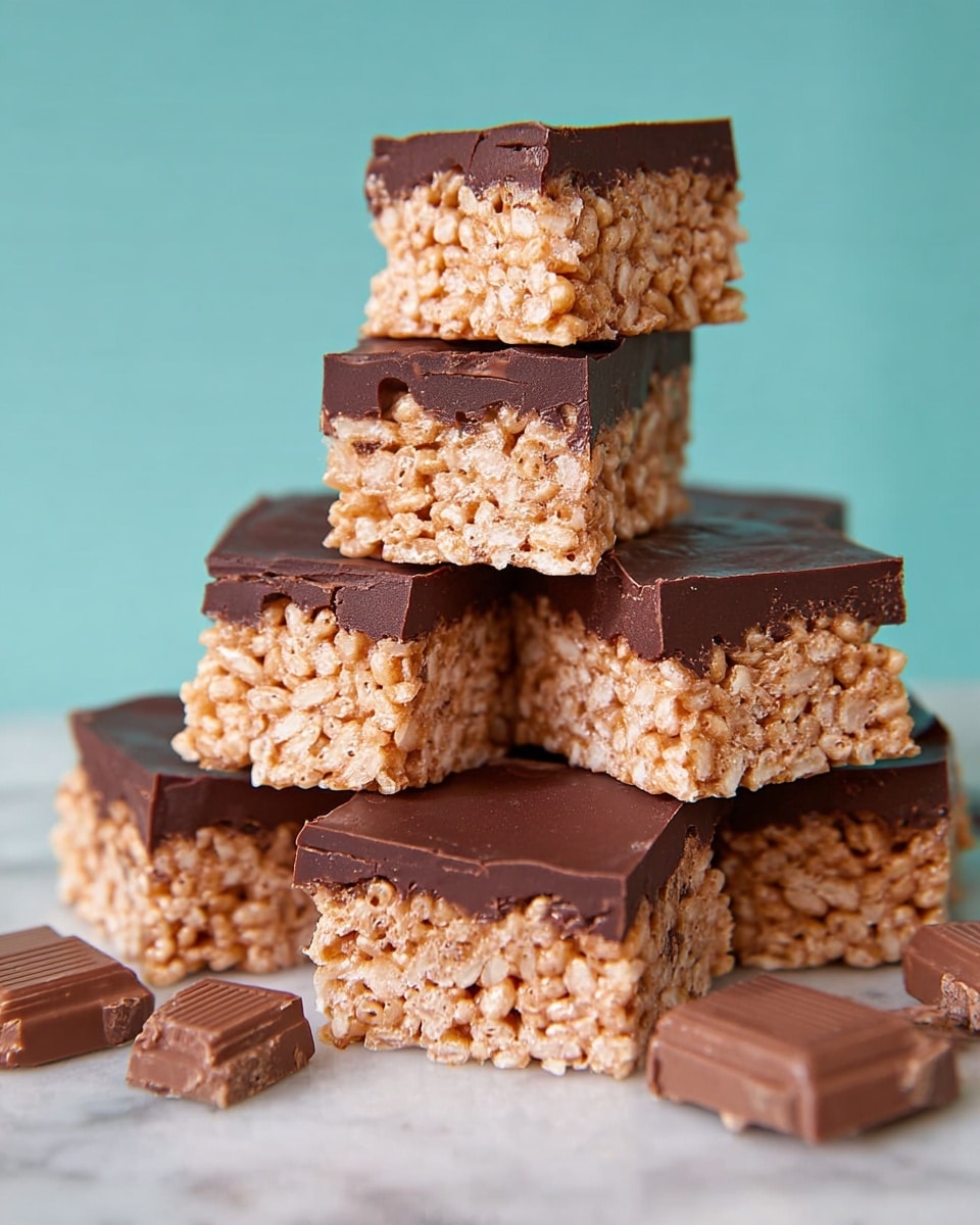 Several square-shaped treats are stacked on a smooth white surface with a white marbled texture. Each treat has two clear layers: the bottom layer is light brown and crunchy with visible puffed rice pieces, creating a textured, airy appearance, while the top layer is a smooth, thick coating of dark chocolate that has a slightly glossy finish. Around the stack, small broken pieces of milk chocolate bars add extra detail. The background is a plain light teal color, making the treats stand out clearly. photo taken with an iphone --ar 4:5 --v 7