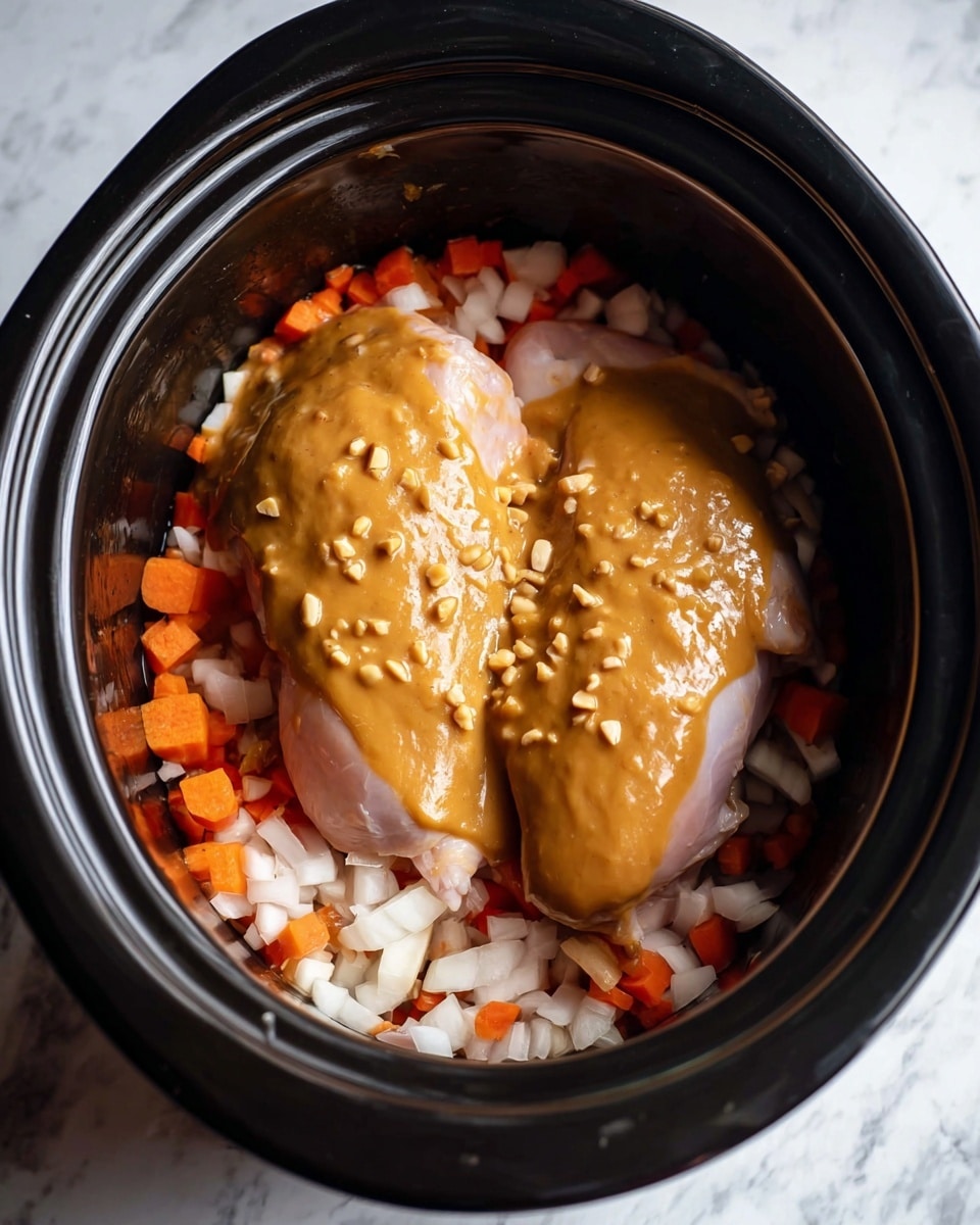 Inside a black cooker, there are two raw chicken pieces placed on a layer of diced white onions and orange-red carrot bits. The chicken pieces are topped with a thick, smooth, light brown sauce that has small nutty bits spread evenly over them. The scene is set on a white marbled surface. photo taken with an iphone --ar 4:5 --v 7