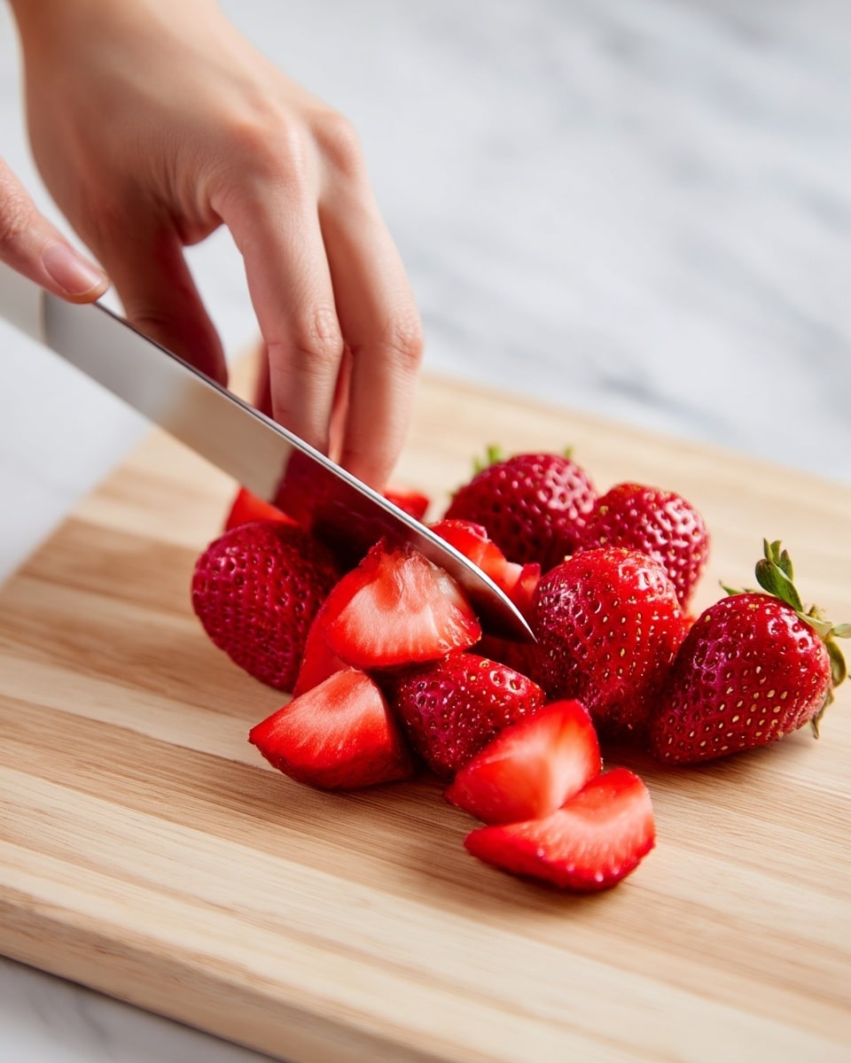 A close-up image shows a woman's hand holding a knife while slicing fresh red strawberries on a light wooden cutting board with a subtle grain pattern, arranged in a small pile. The strawberries are bright red with a smooth texture and visible seeds, some cut into thin slices and others whole or halved. The background surface is a white marbled texture, adding a clean and simple look to the scene. Photo taken with an iphone --ar 4:5 --v 7