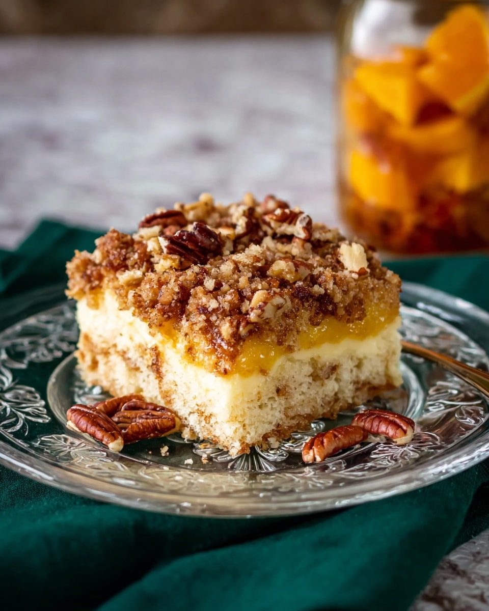 A square piece of cake sits on a clear white plate with ornate designs. The cake has three visible layers: the base layer is light and fluffy beige, the middle layer is a light yellow filling, and the top layer is a crumbly brown streusel sprinkled with chopped pecans. Some pecans have fallen onto the plate around the cake. The plate rests on a dark green cloth, and in the background, a glass jar with orange pieces inside is slightly out of focus. The surface beneath is a white marbled texture. Photo taken with an iphone --ar 4:5 --v 7