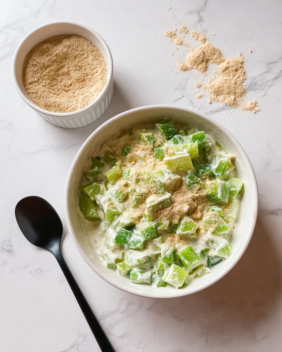 A white bowl is filled with a creamy white mixture with bright green diced pieces evenly mixed in. On top, there is a light brown powder sprinkled over the creamy mixture. Next to the bowl is a small white ramekin filled with the same light brown powder, and to the left of the bowl lies a black spoon on a white marbled surface. Some of the light brown powder is scattered around the bowl on the surface. photo taken with an iphone --ar 4:5 --v 7