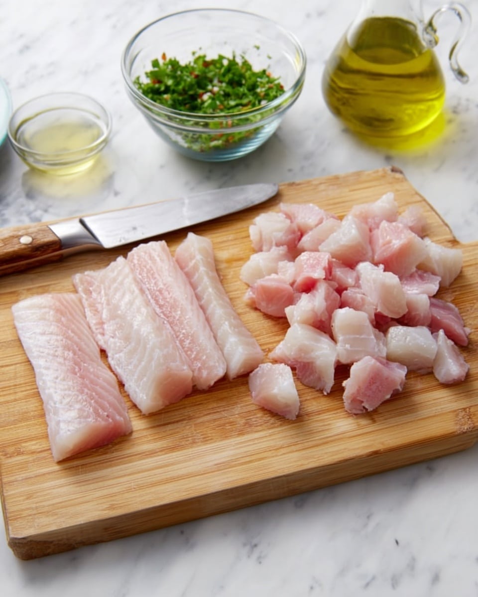 A wooden cutting board sits on a white marbled surface with chopped pieces of light pink fish fillets spread on the right side, and three longer, thin strips of fillet on the left side next to a silver knife. In the background, on the white marbled surface, there is a clear glass bowl with green chopped herbs near the top center, a small glass pitcher of light yellow oil to the right, and a partial view of another clear bowl with a light liquid on the far right. Photo taken with an iphone --ar 4:5 --v 7