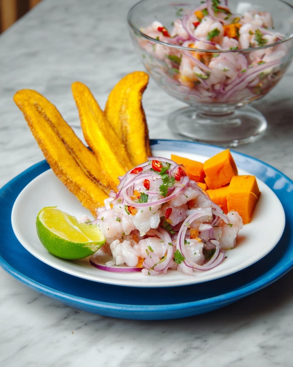 The image shows a dish with three parts on a white plate holding a blue plate. The first part is a pile of white fish pieces mixed with thin purple onion slices, small red chili pieces, and green cilantro, all layered together in the center-left. Behind this, there are three long, golden yellow fried plantain strips standing upright. To the right, there are three small chunks of orange sweet potato. In front of the fish, there is a green lime wedge. In the background, there is a clear glass bowl filled with more of the fish and onion mix. The whole setup is on a white marbled surface. Photo taken with an iphone --ar 4:5 --v 7