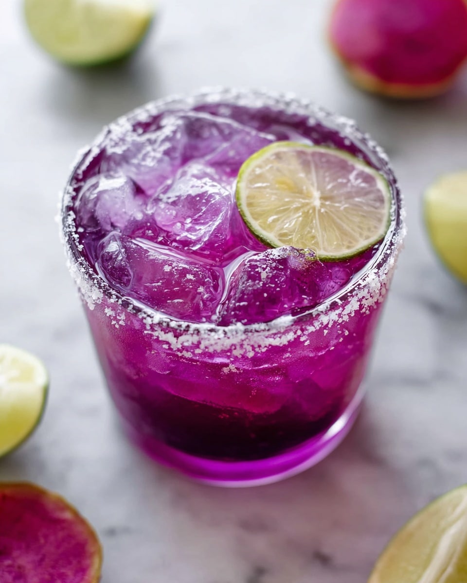 A close-up top view of a glass filled with bright purple liquid and large ice cubes. The glass has a thick rim covered in coarse salt. A thin slice of light green lime rests on the rim, slightly inside the drink. The glass is placed on a white marbled surface with blurred halves of green lime and a red fruit in the background. The liquid looks clear and shiny, with soft reflections of light. Photo taken with an iphone --ar 4:5 --v 7
