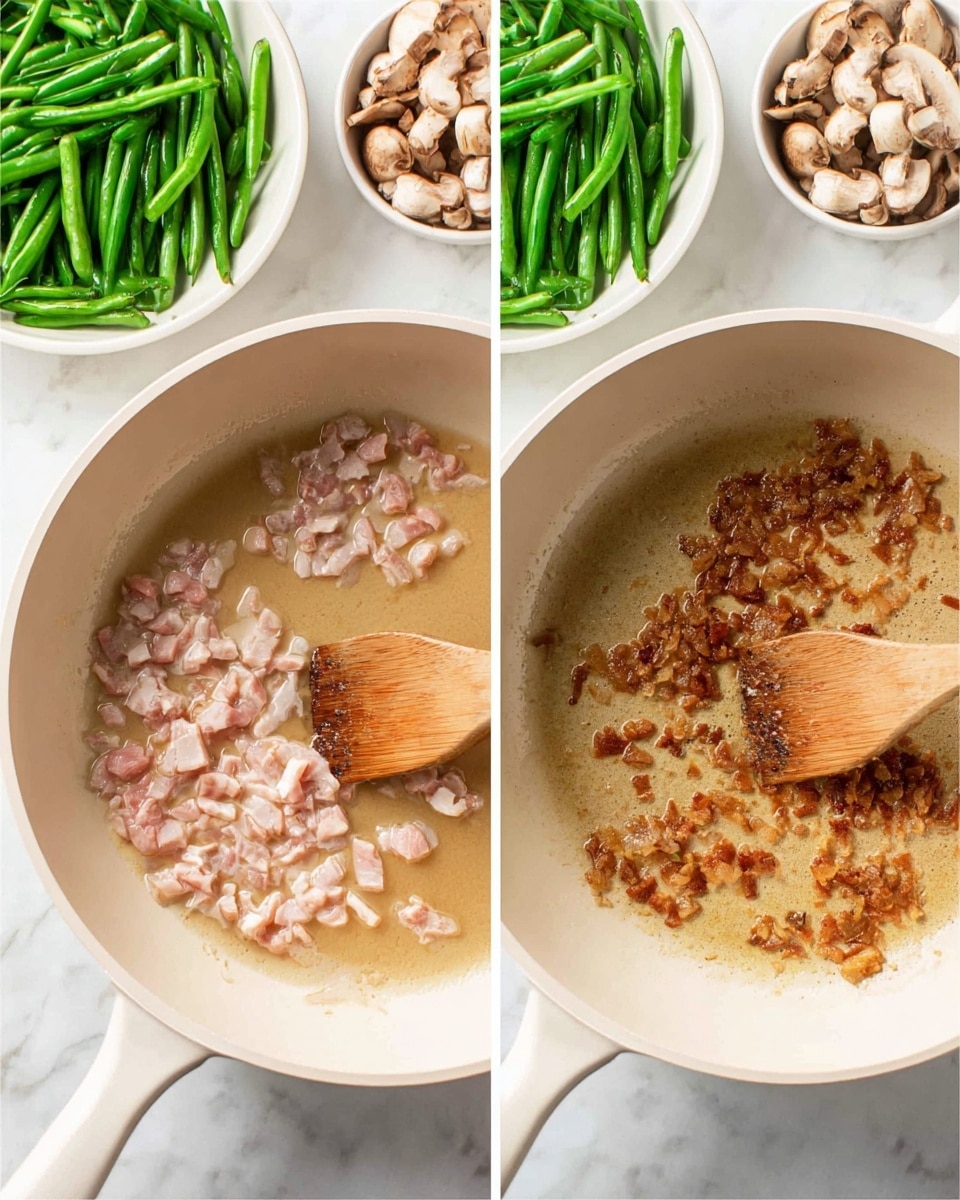 The image shows two side-by-side close-up views of a white cooking pan placed on a white marbled surface. In the left view, the pan contains small pieces of pale pink and white strips cooking in oil, stirred with a wooden spatula. Behind the pan, there are two white bowls filled with fresh green beans and chopped light brown mushrooms. In the right view, the same pan has smaller, golden-brown crispy bits cooking in oil, also stirred with the wooden spatula resting across the top edge of the pan. The green beans and mushroom bowls remain visible in the background on the white marbled surface. photo taken with an iphone --ar 4:5 --v 7