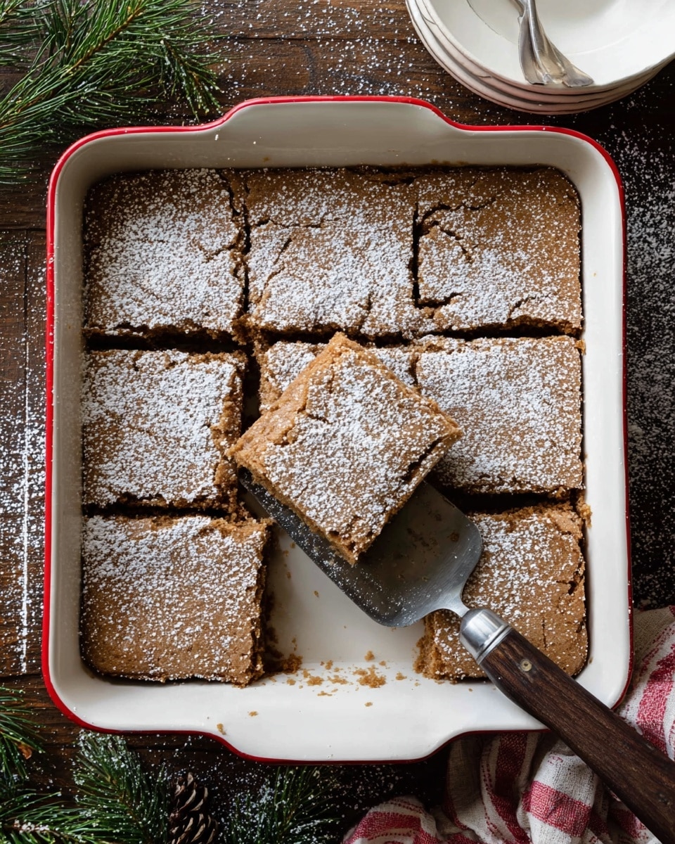 A white baking dish with a red rim holds nine square pieces of a brown dessert, likely blondies, dusted evenly with powdered sugar. One piece is lifted from the dish by a metal spatula with a dark wooden handle, showing its soft texture. The dessert’s surface looks slightly cracked and baked to a golden brown. The dish is on a dark wooden surface with some dusted powdered sugar around it, and some green pine branches and a white cloth with red stripes are partially visible. In the top right corner, three stacked white plates are partly shown. Photo taken with an iphone --ar 4:5 --v 7