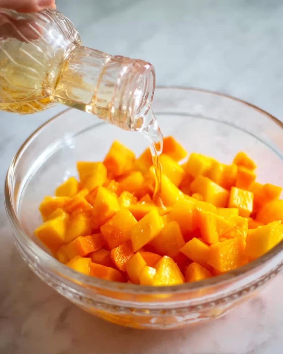 A clear glass bowl filled with small, bright orange and yellow diced fruit pieces. A woman's hand is holding a clear glass container pouring a light, translucent liquid onto the fruit. The fruit pieces look juicy and slightly shiny, sitting in a single layer at the bottom of the bowl. The background shows a white marbled surface. photo taken with an iphone --ar 4:5 --v 7