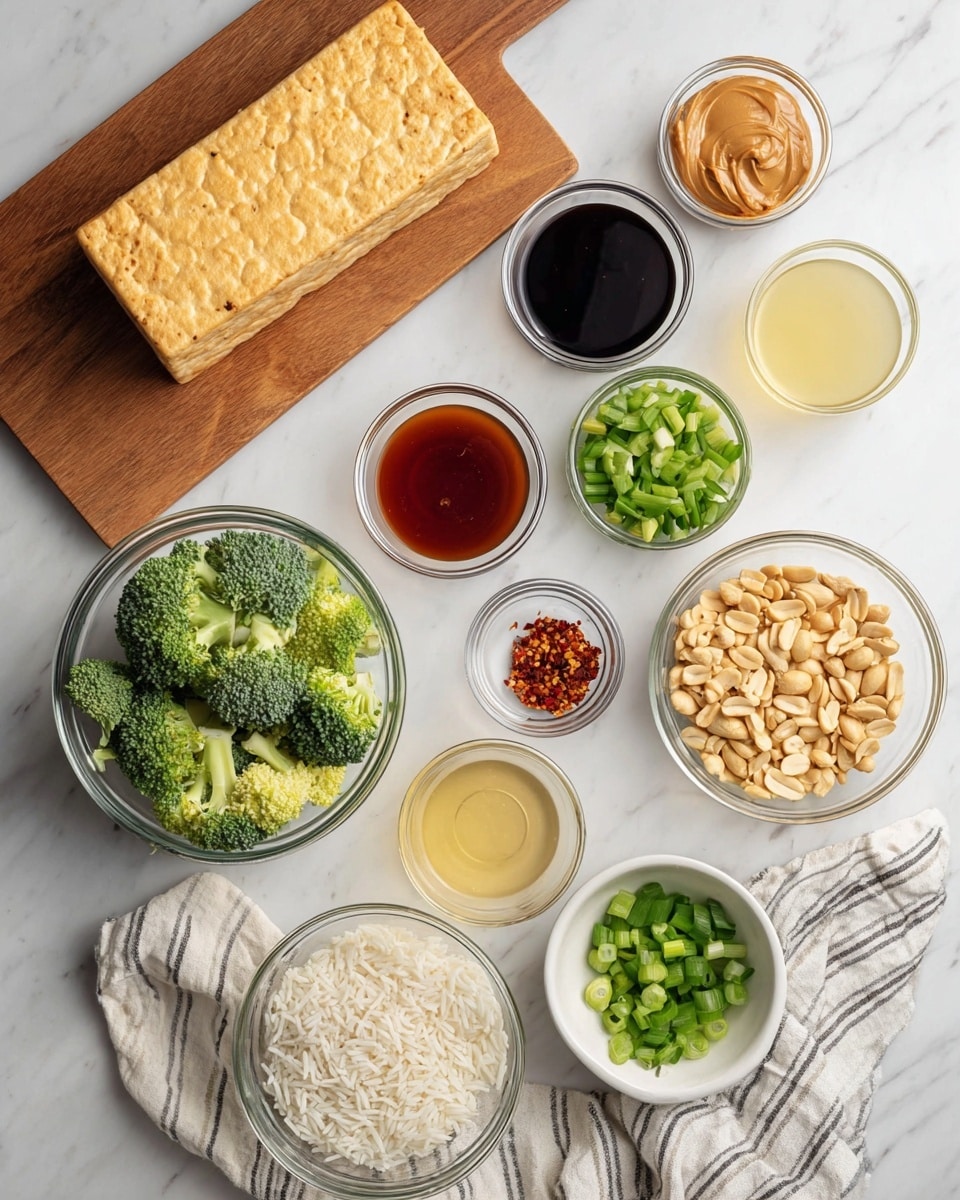 The image shows ingredients arranged neatly on a white marbled surface. At the top left, there is a rectangular block of light tan tempeh placed on a wooden board. Around it, several small clear glass bowls hold various ingredients: a bowl of light brown peanut butter, a bowl of white rice, a bowl of green chopped scallions, a bowl of broccoli florets, and a bowl of light brown peanuts placed on a white bowl on a striped cloth. Smaller bowls contain dark soy sauce, reddish chili flakes, minced garlic, light amber-colored liquid, and a pale yellow juice, all arranged symmetrically. The overall setup is clean and bright, showing fresh and colorful ingredients. Photo taken with an iphone --ar 4:5 --v 7