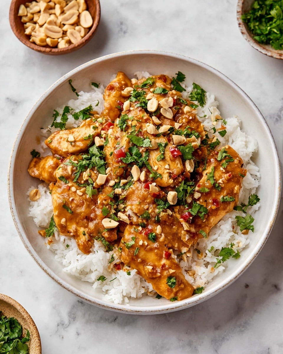 A shallow white bowl holds a base layer of fluffy white rice. On top, there are several pieces of sliced chicken covered in a thick orange-brown sauce with visible small chunks of red pepper. The chicken is sprinkled with chopped green herbs and crushed light brown peanuts. The bowl is placed on a white marbled surface with small bowls of chopped herbs and peanuts visible in the background. Photo taken with an iphone --ar 4:5 --v 7