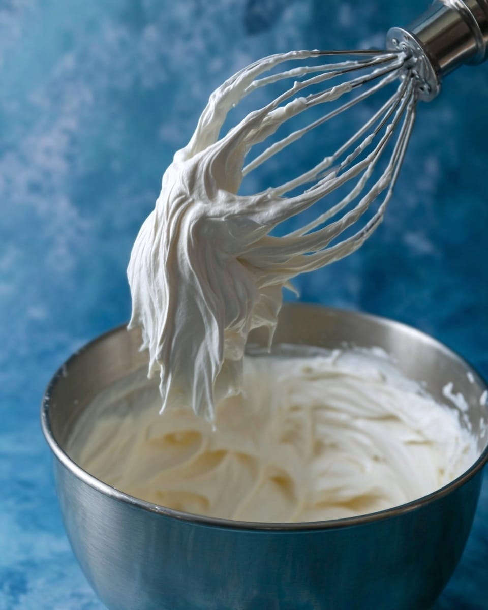 The image shows a close-up of a metal mixer bowl filled with thick, white whipped cream. The metal whisk is lifted above the bowl and covered in dense, smooth, shiny white cream, with some cream stretched between the whisk wires. The background has a blue textured look while the mixer is partly visible on the left side. The whipped cream looks soft and stable, forming peaks and folds on the whisk and inside the bowl. photo taken with an iphone --ar 4:5 --v 7