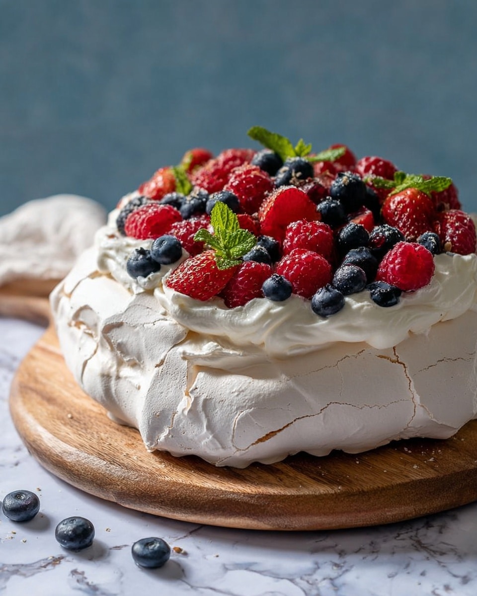 The image shows a pavlova dessert with one thick, white meringue base layer that has a crisp and slightly cracked texture. The top layer is whipped cream that looks soft and fluffy, spread evenly over the meringue. Fresh ripe berries—red raspberries, dark blue blueberries, and red strawberries with green tops—are scattered generously on the cream, along with a few fresh green mint leaves for color contrast. The dessert sits on a round wooden board on a white marbled surface, with a few blueberries placed around the base. Photo taken with an iphone --ar 4:5 --v 7