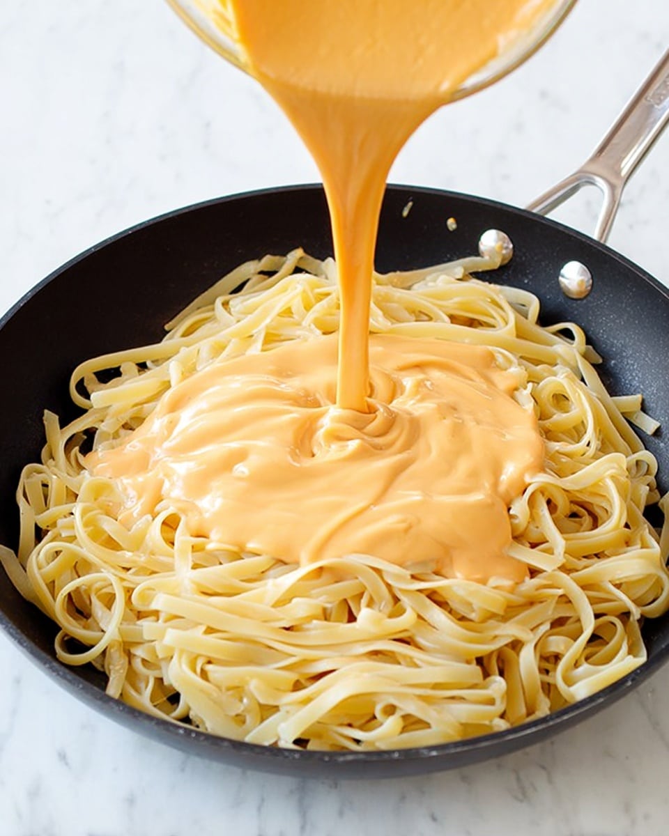 A black pan filled with a layer of light yellow cooked fettuccine noodles sitting on a white marbled surface. A creamy, smooth light orange sauce is being poured from a clear container over the noodles, creating a thick layer of sauce on top in the center of the pan. The sauce flows down in the middle, covering parts of the noodles while the edges remain visible. Photo taken with an iphone --ar 4:5 --v 7