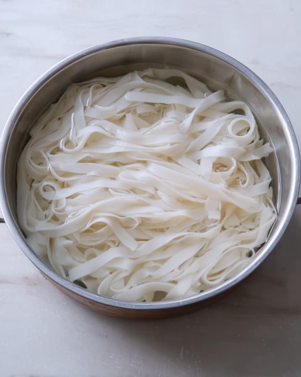 A round silver bowl filled with white flat noodles soaking in clear water, the noodles are long, soft, and slightly curled in different directions, partially submerged and floating gently on the water surface, seen from above on a white marbled surface. photo taken with an iphone --ar 4:5 --v 7