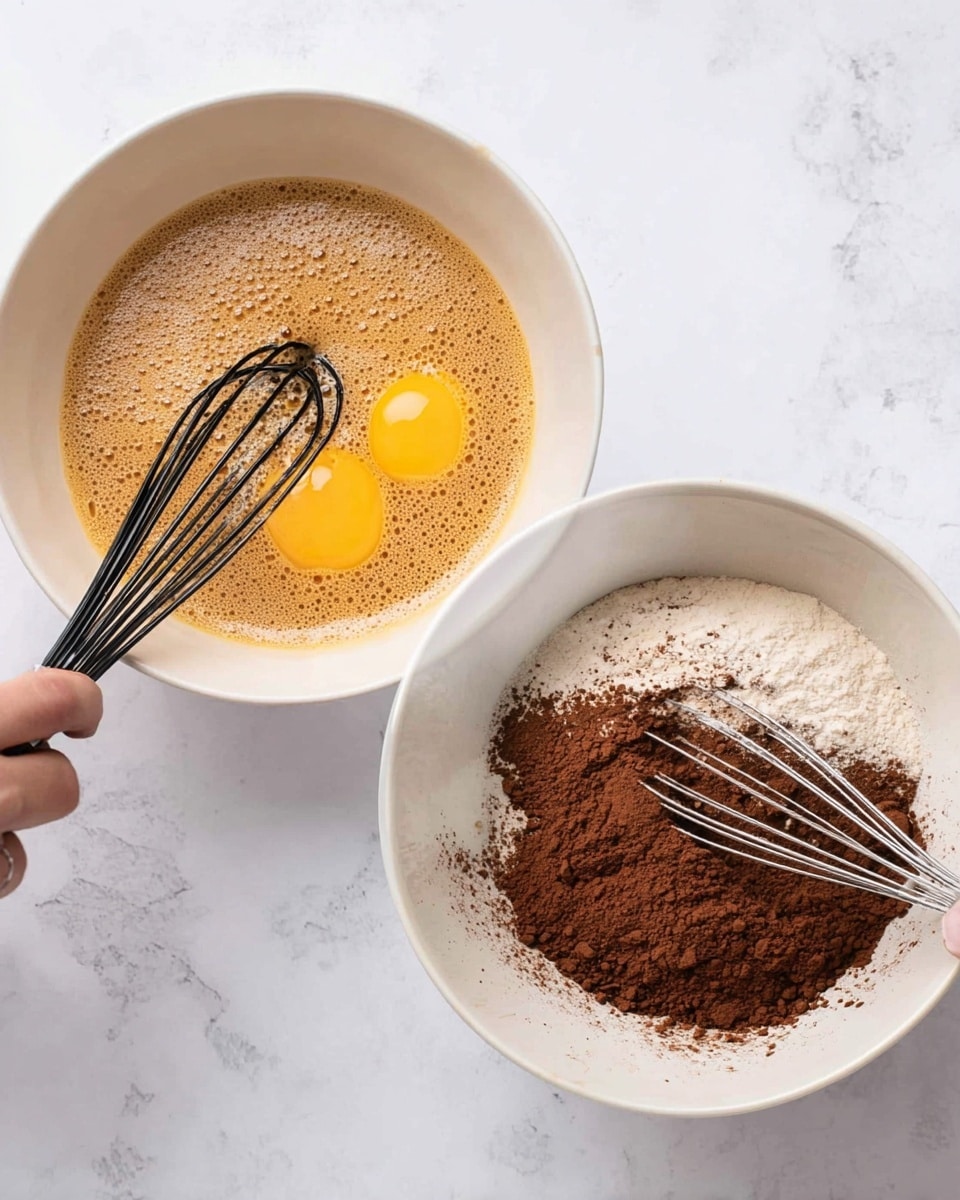 The image shows two white bowls placed on a white marbled surface. The left bowl contains a frothy, light brown mixture with two visible yellow egg yolks being whisked with a black whisk held by a woman's hand. The right bowl holds a light brown liquid base with a heap of dark brown cocoa powder and some white flour being added from a clear glass container on the right, with a silver whisk resting inside the bowl. Photo taken with an iphone --ar 4:5 --v 7