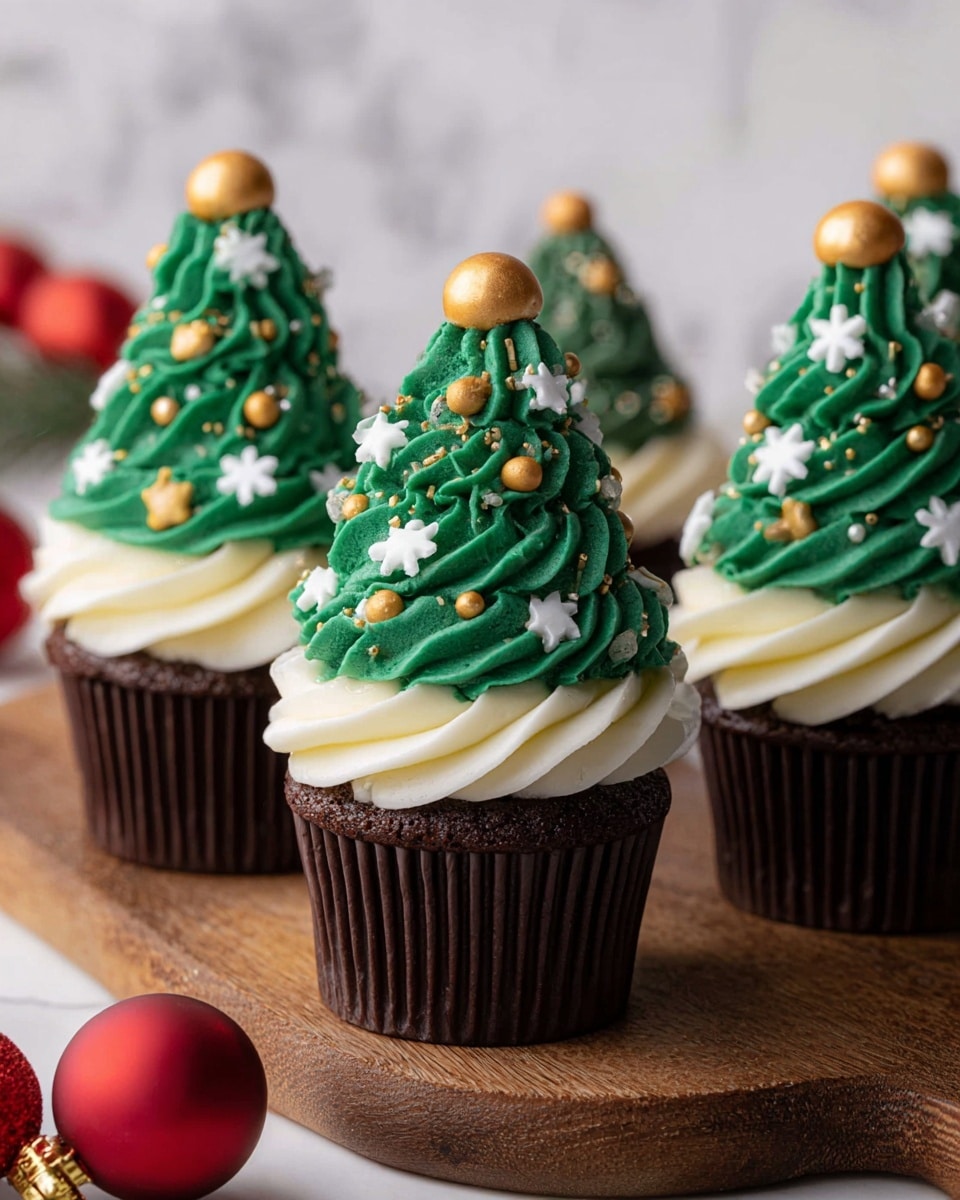 The image shows four chocolate cupcakes topped with two layers of frosting. The bottom layer is white and swirled smoothly, while the top layer is thick and shaped like a Christmas tree with green frosting. The green frosting trees are decorated with small white snowflakes, golden stars, and gold round sprinkles, with a larger gold ball at the top of each tree. The cupcakes sit on a wooden board with a white marbled background and some red and gold Christmas ornaments blurred in the distance. Photo taken with an iphone --ar 4:5 --v 7