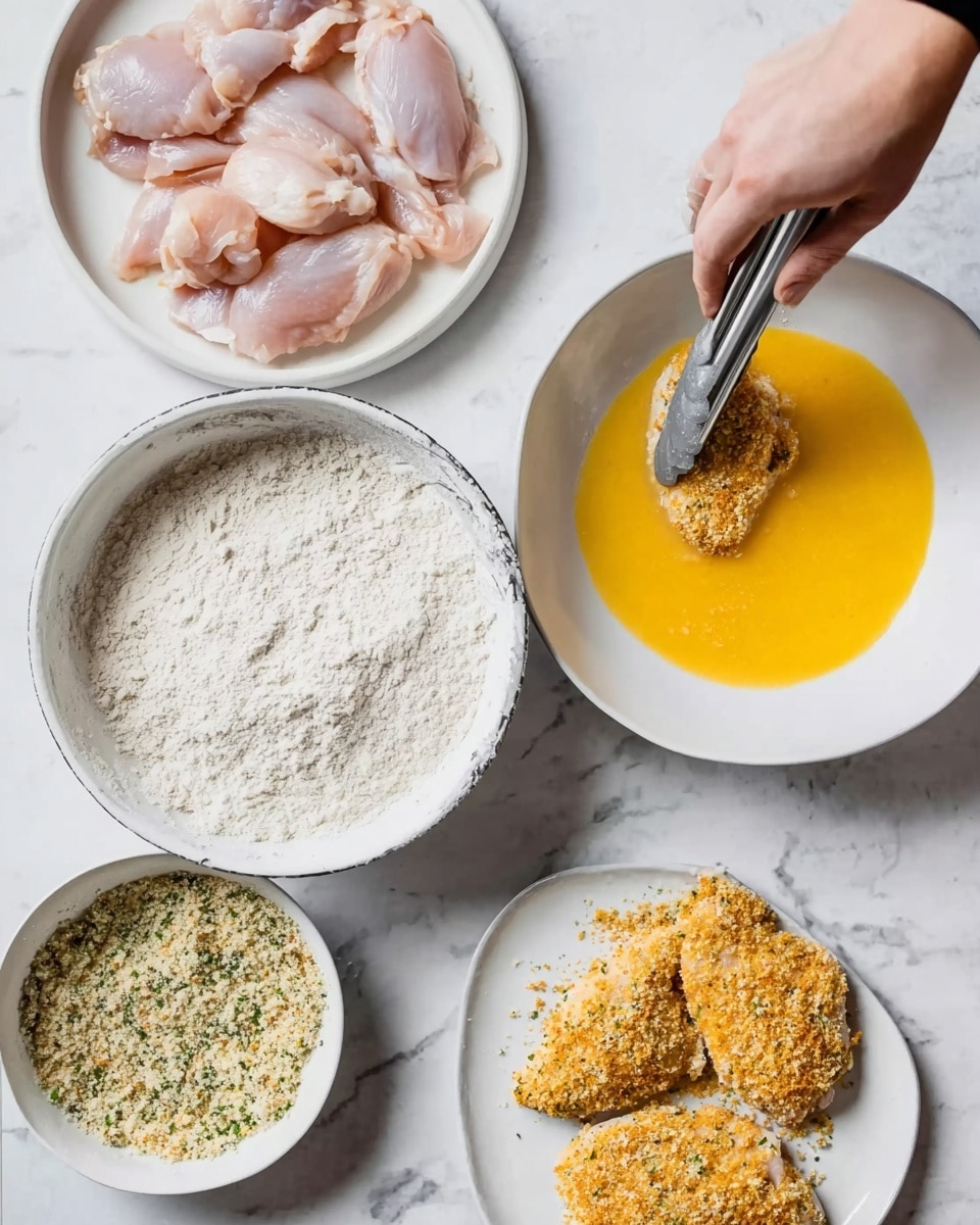 A woman's hand with tongs is holding a chicken piece, dipping it into a bowl of bright yellow beaten eggs. Around this main action, there are four white plates and bowls arranged on a white marbled surface. One white plate has raw, light pink chicken pieces, while a white bowl nearby holds a light, powdery flour mixture. Another white bowl contains a coarse breadcrumb mixture with green herbs mixed in. Finally, a white plate shows two chicken pieces fully coated with the breadcrumb mix, ready for cooking. Photo taken with an iphone --ar 4:5 --v 7