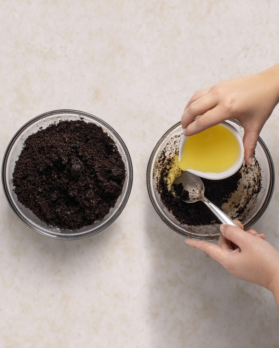A clear glass bowl holds a dark, crumbly mixture that looks like crushed cookies or chocolate crumbs spread evenly at the bottom. A woman's hand is pouring melted pale yellow butter from a small clear glass bowl onto the dark crumbs. In the next scene, two woman's hands are seen stirring the mixture with a silver spoon, blending the shiny, moist butter with the dark crumbs to form a thick, coarse texture. All this is placed on a white marbled surface. photo taken with an iphone --ar 4:5 --v 7