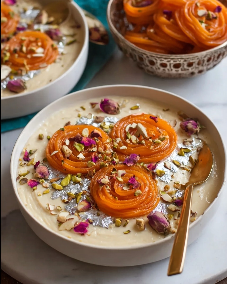 A white bowl filled with a creamy beige dessert as the base layer, topped with three bright orange spiral-shaped fried sweets placed evenly in the bowl. Scattered on top are small pieces of almonds, pistachios, silver leaf, and dried rose petals, adding texture and contrast. A gold spoon rests inside the bowl, towards the front. In the background, there is another white bowl with the same dessert and a white bowl with more orange spirals. The whole setting is on a white marbled surface. photo taken with an iphone --ar 4:5 --v 7