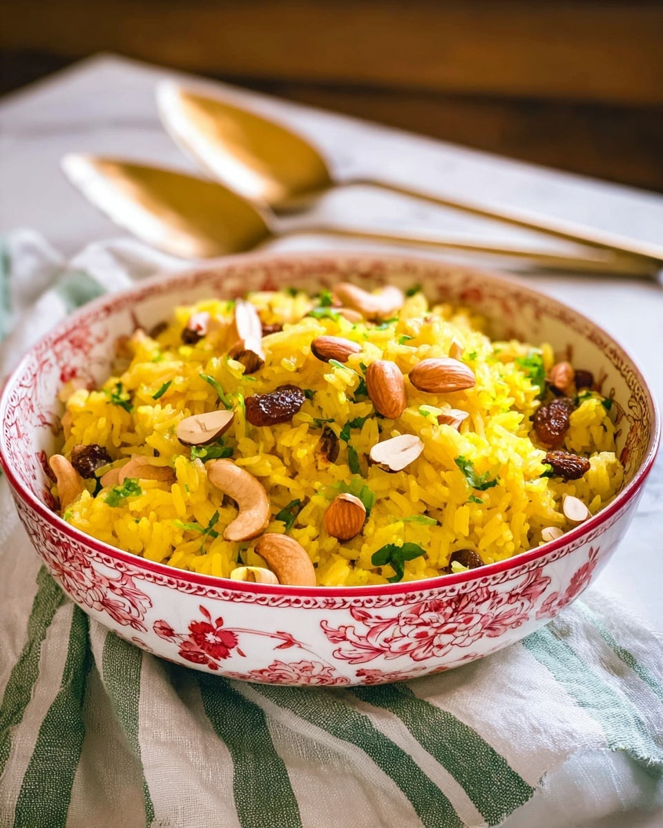 A white bowl with red and floral decorative edges holds bright yellow rice mixed with green herb pieces, scattered brown almonds, light beige cashews, and dark brown raisins. The bowl sits on a white marbled table with a green and white striped cloth in the front. Two golden spoons are blurred in the background. The scene looks warm and colorful. photo taken with an iphone --ar 4:5 --v 7