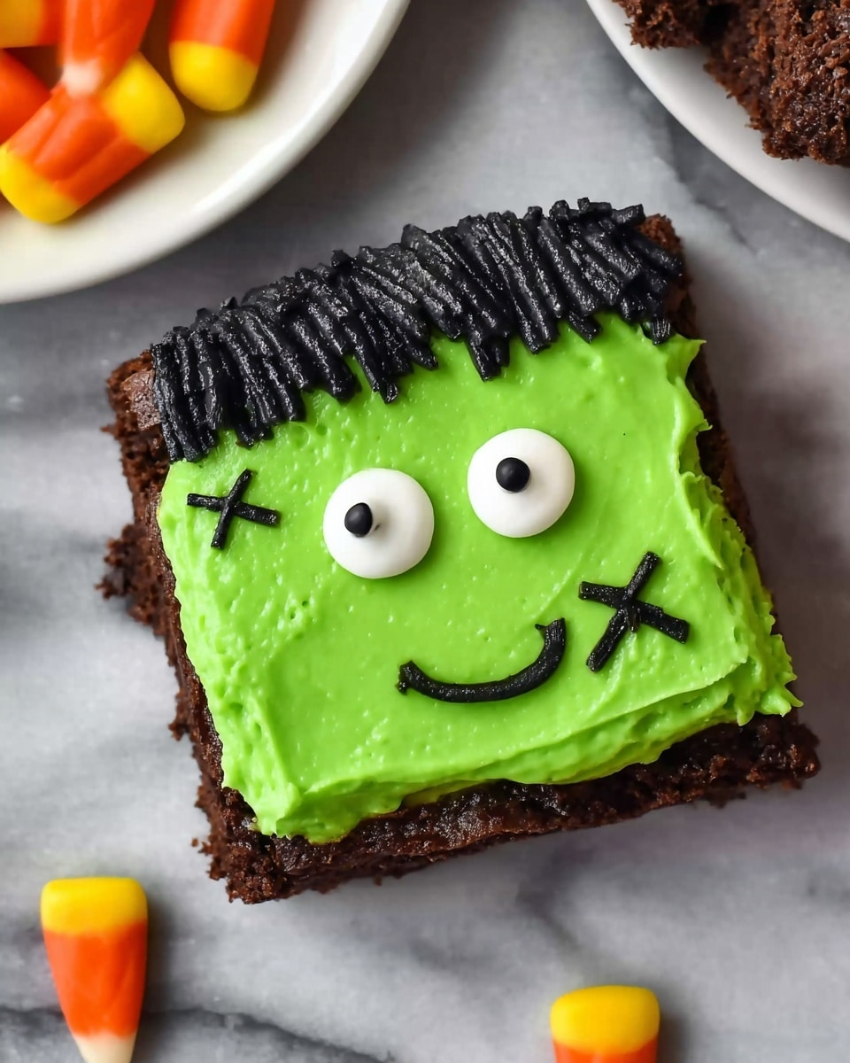 A square dark brown brownie topped with a bright green frosting layer that covers the entire top surface. On top of the green frosting, there is black icing forming hair along the top edge and a simple smiling mouth near the bottom right. Two round white candy eyes with black centers sit in the middle of the green frosting. Next to the mouth on the right side, there are two short black icing lines crossing each other, resembling stitches. The brownie is placed on a white marbled surface, near some orange and yellow candy corn pieces, and there is a white plate partially visible above. Photo taken with an iphone --ar 4:5 --v 7