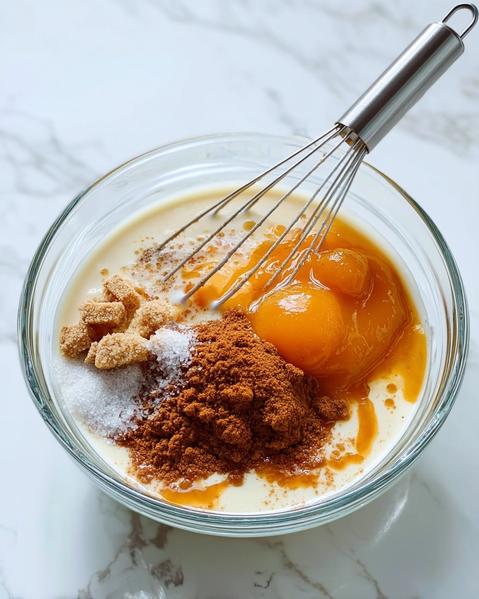 A clear glass bowl with layers of ingredients on a white marbled surface; inside the bowl, there is a layer of light cream liquid at the bottom, topped with a pool of golden syrup, a dollop of thick orange puree, a mound of brown powder with some white granules on top, and some light brown sugar pieces scattered around; a metal whisk with a silver handle is placed inside the bowl, resting on the ingredients. photo taken with an iphone --ar 4:5 --v 7