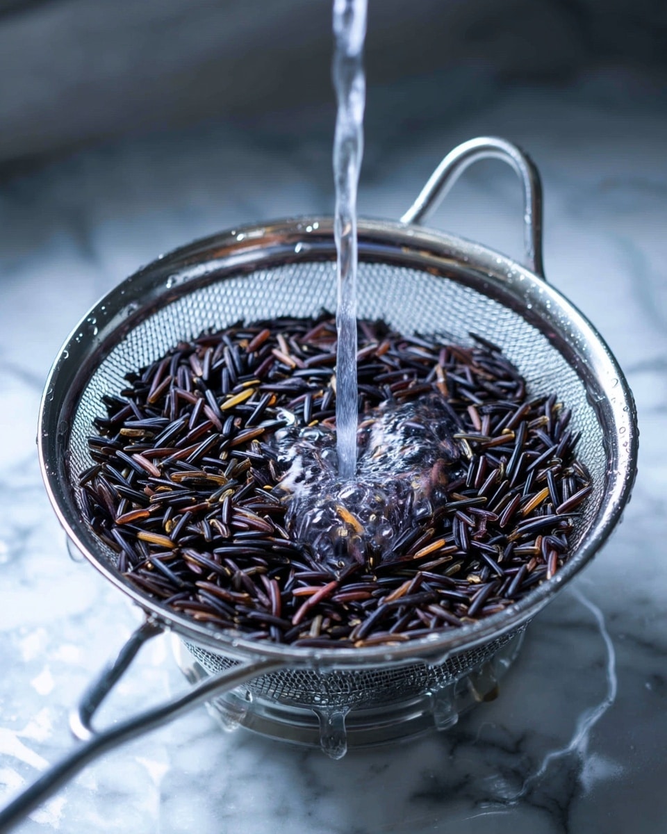 A metal strainer filled with dark purple and brown long grains of wild rice is shown under a stream of clear water flowing down into the center, with small bubbles forming where the water hits the rice. The strainer has a fine mesh with a shiny silver rim and two handles, placed above a white marbled surface. The background is slightly blurred, showing stainless steel with water droplets. Photo taken with an iphone --ar 4:5 --v 7
