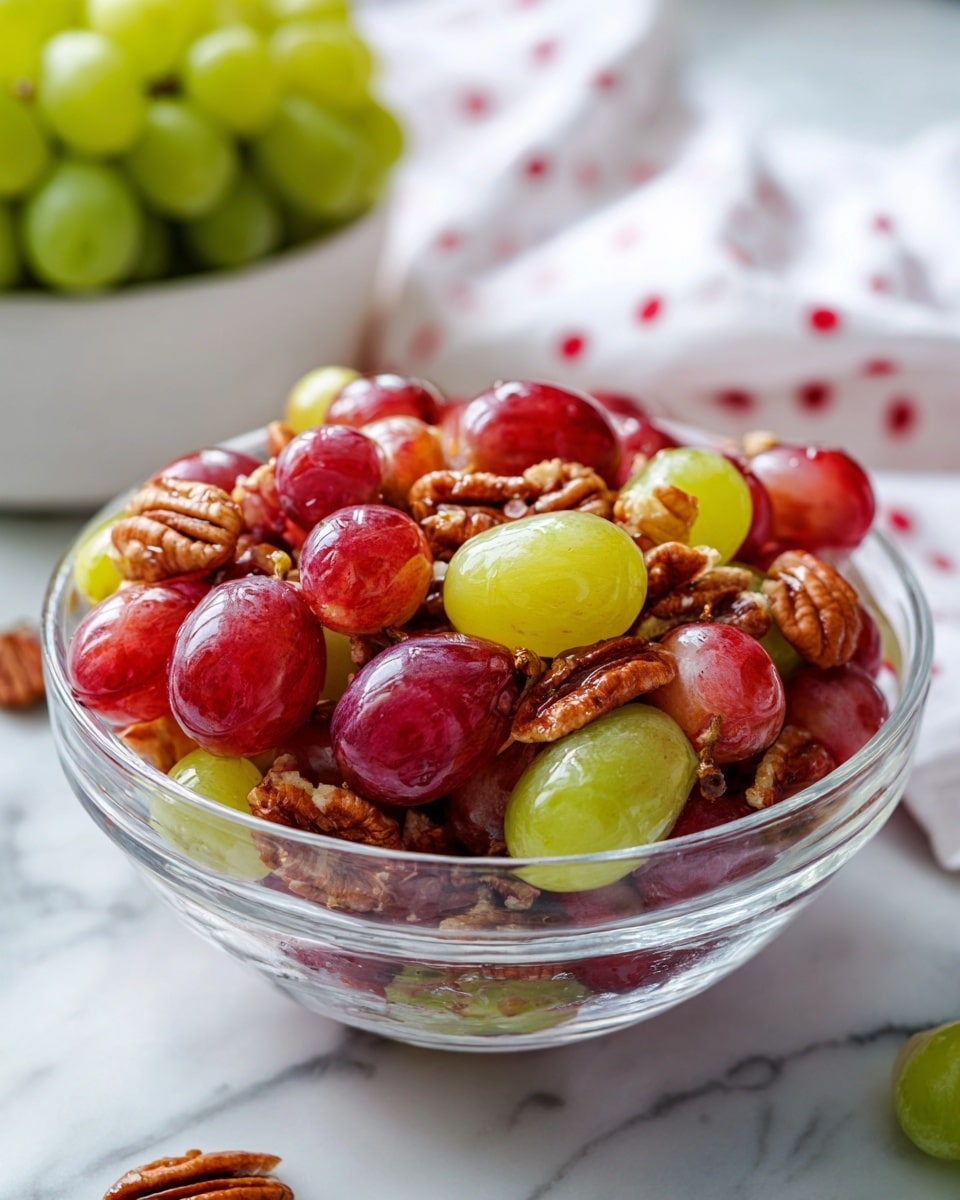 A clear glass bowl sits on a white marbled surface and is filled with a colorful fruit and nut mix. The bottom layer is a mix of red and green grapes that look fresh and juicy. Scattered on top and mixed through the grapes are small pieces of brown pecans, adding texture and a crunchy element. In the background, part of a white bowl with more green grapes and a white cloth with red dots are visible, adding a homely feel. Photo taken with an iphone --ar 4:5 --v 7