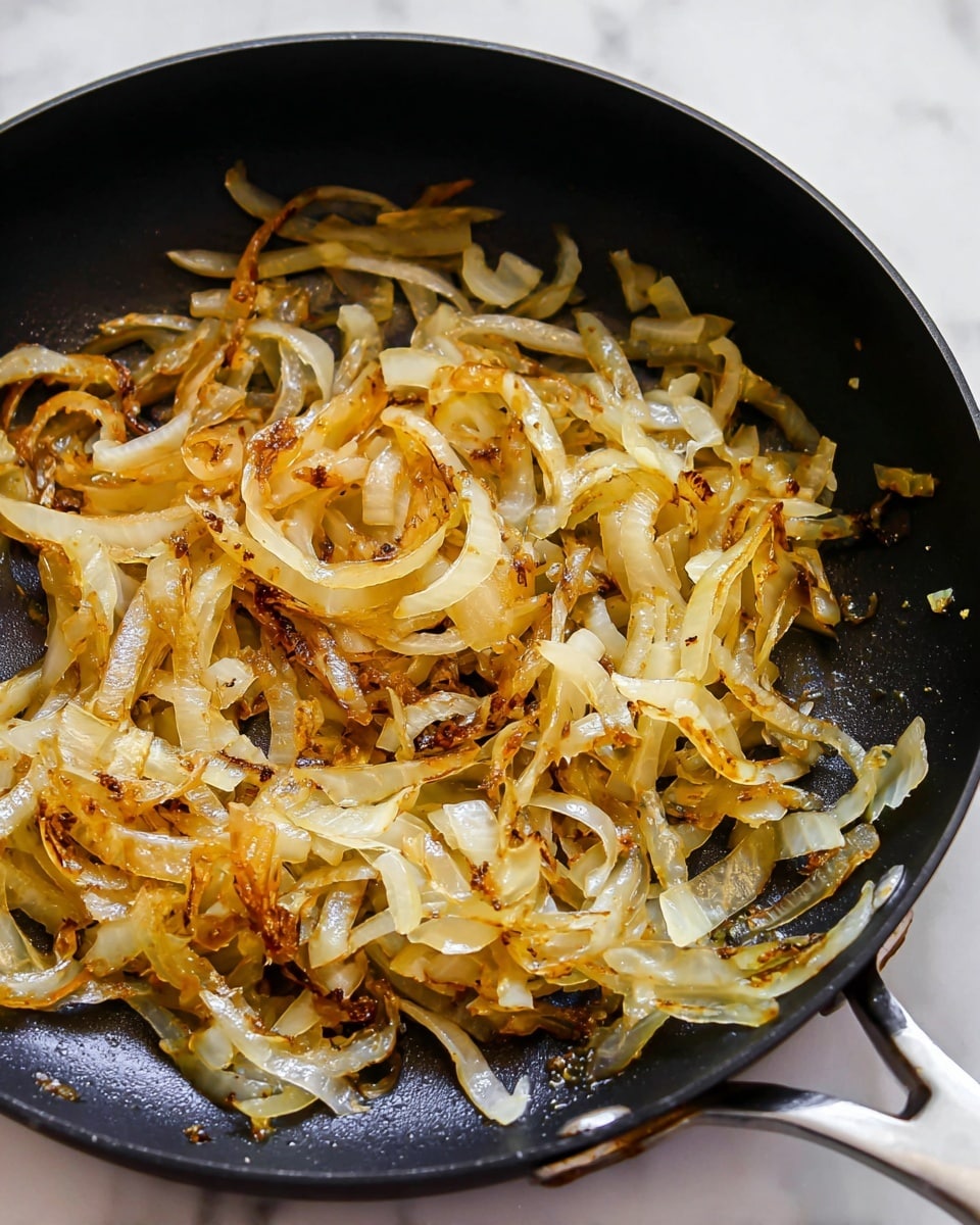 A black pan filled with thin strips of cooked onions that are translucent and light golden brown with some crispy edges. The onions have a slightly shiny texture and small bits of seasoning are visible among them. The pan sits on a white marbled surface, and part of the pan's handle is seen on the right side. photo taken with an iphone --ar 4:5 --v 7