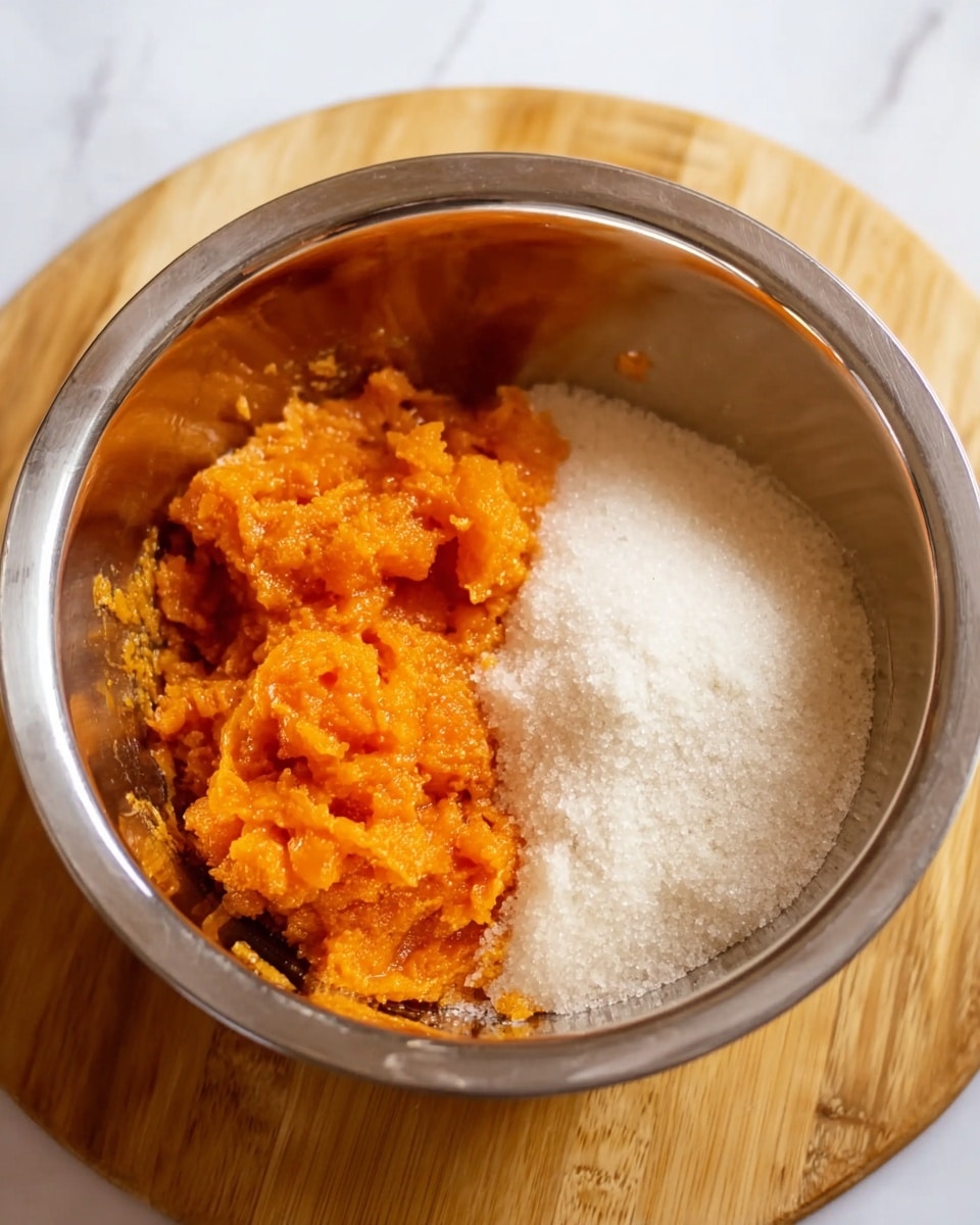 A close-up image of a shiny steel bowl containing two clear layers of ingredients placed side by side: on the left, there is a bright orange chunky mixture with a wet, soft texture, and on the right, there is a white granular pile that looks like sugar. The bowl sits on a wooden round cutting board, and the background shows a white marbled texture. The colors contrast strongly between the orange and white inside the bowl, with soft natural light highlighting their textures. Photo taken with an iphone --ar 4:5 --v 7