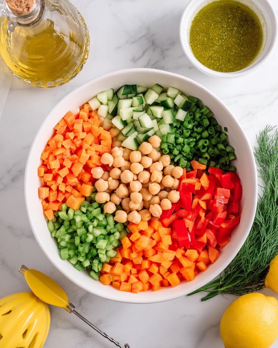 A white bowl on a white marbled surface holds a colorful salad with six visible layers arranged side by side: diced green cucumber with dark green skin, bright orange diced carrots, round beige chickpeas, chopped green spring onions, diced orange bell peppers, and diced red bell peppers. To the top left of the bowl is a glass bottle with light golden oil and fresh dill inside. To the top right is a white bowl filled with green dressing or sauce. In the bottom left corner, a yellow lemon squeezer and a yellow lemon sit on the marbled surface, with part of a second lemon visible on the bottom right. photo taken with an iphone --ar 4:5 --v 7